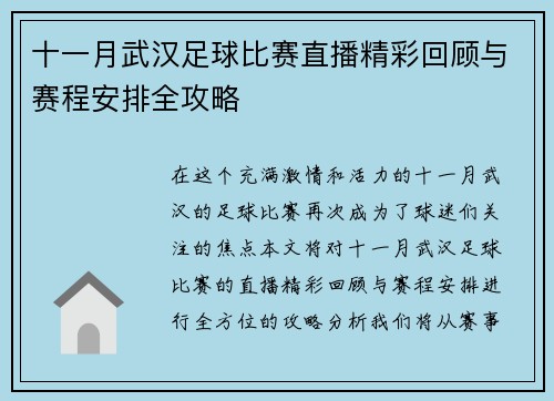 十一月武汉足球比赛直播精彩回顾与赛程安排全攻略
